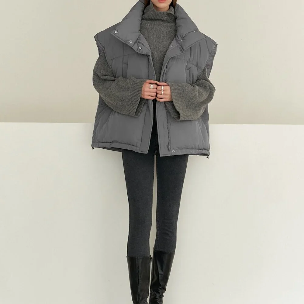 Grey Casual Women's Drawstring Hem Sleeveless Zip Front Puffer Pockets Coat - Picture 5 of 8